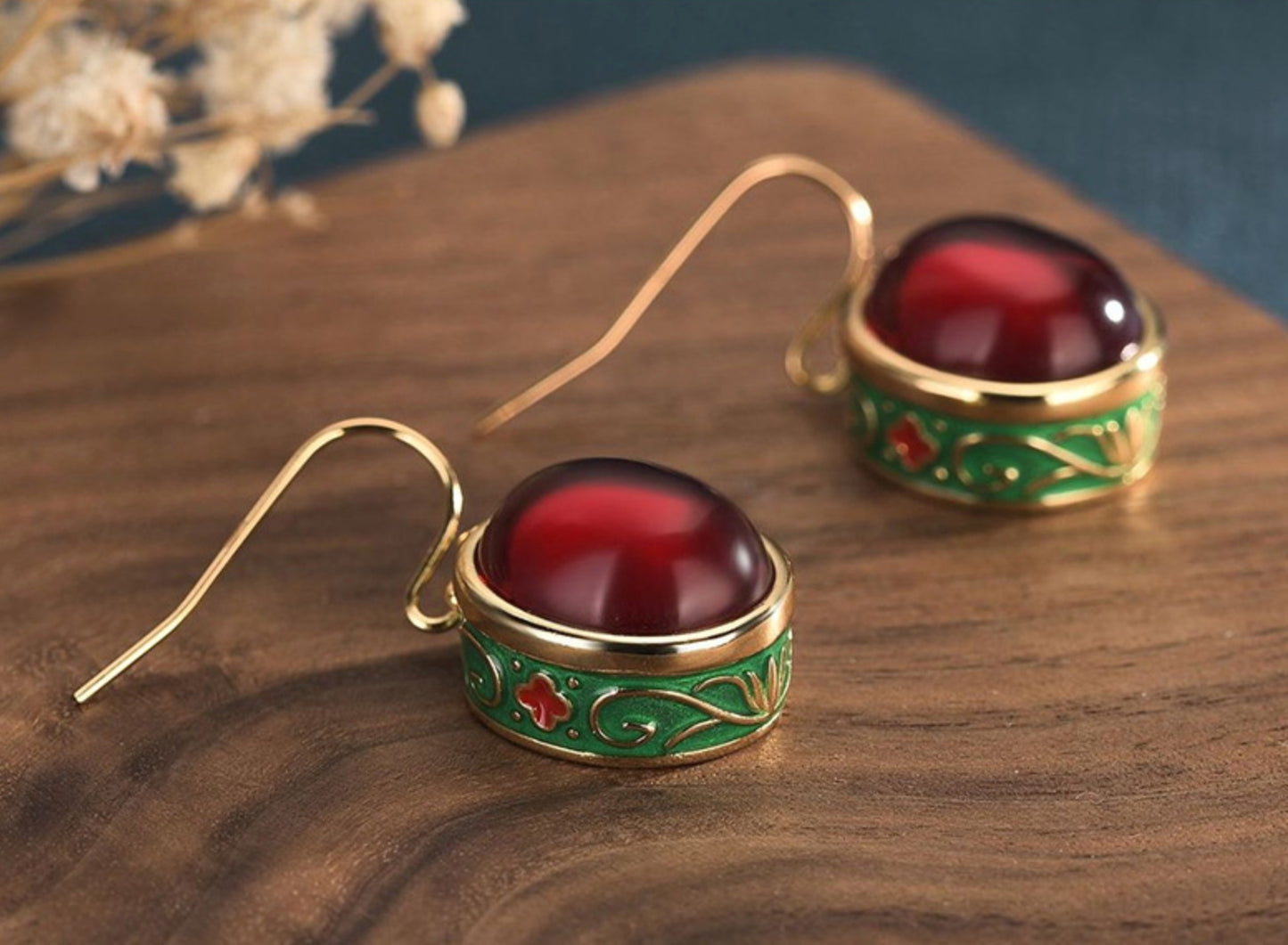 Enamel and Red Jade Earrings