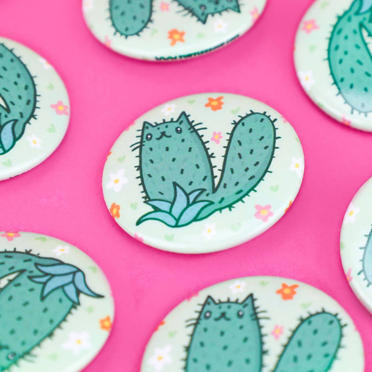 Cactus Kitty Floral Cacti Planter Pinback Button