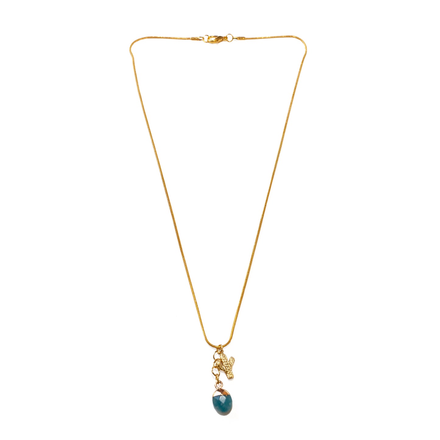 24K Plated Cactus Charm & Gemstone Necklace