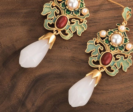 Enamel Luxury Earrings with Jade