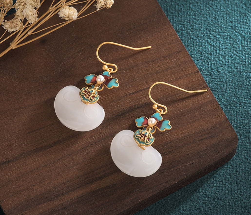 White Jade Lucky Bean Shaped Earrings