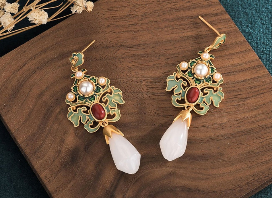 Enamel Luxury Earrings with Jade