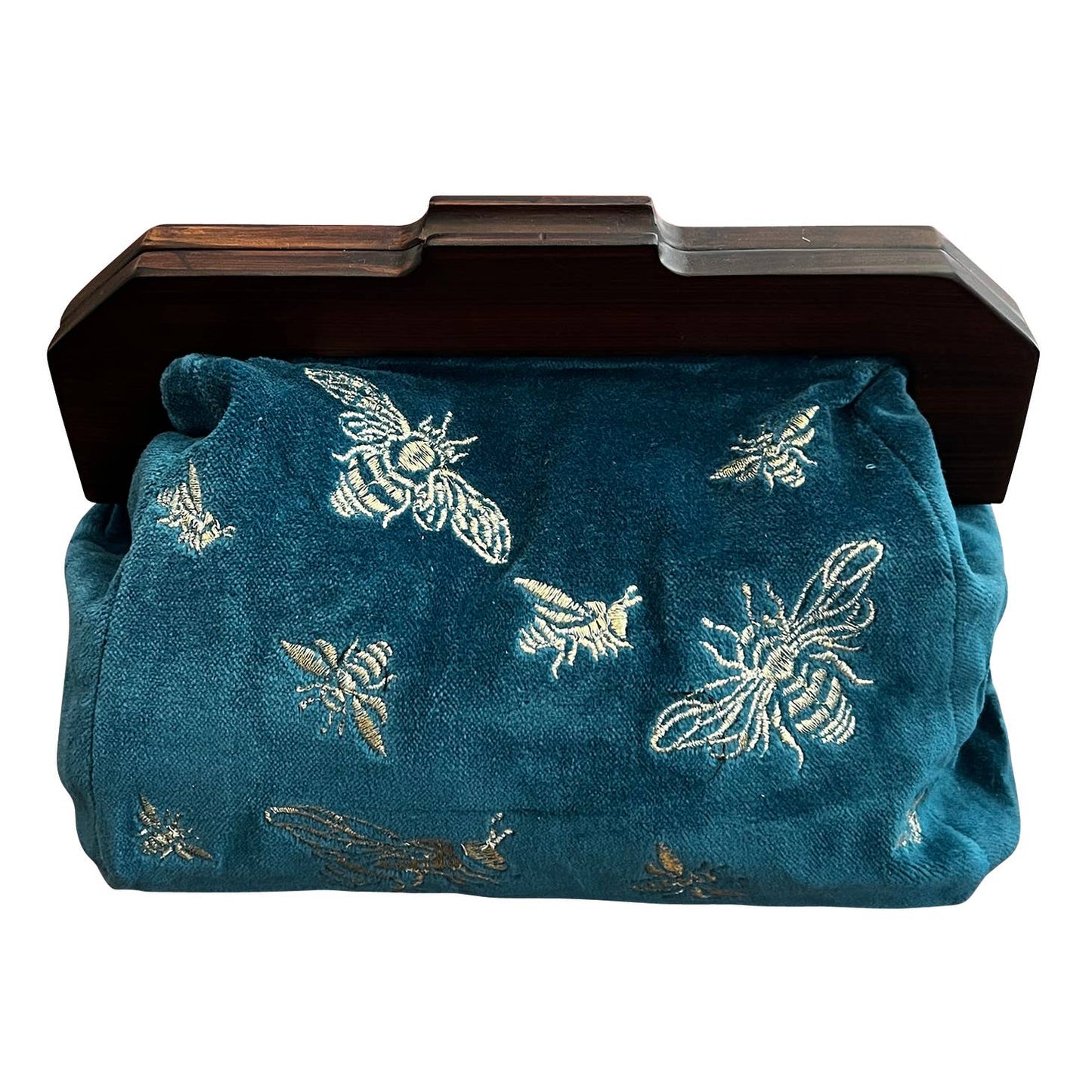 Bees on Royal Blue Velvet Clutch with Wooden Handle