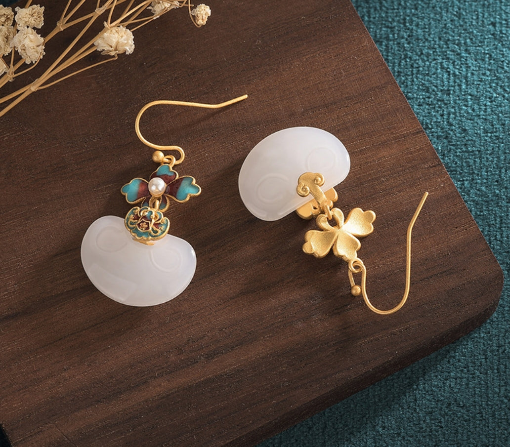 White Jade Lucky Bean Shaped Earrings