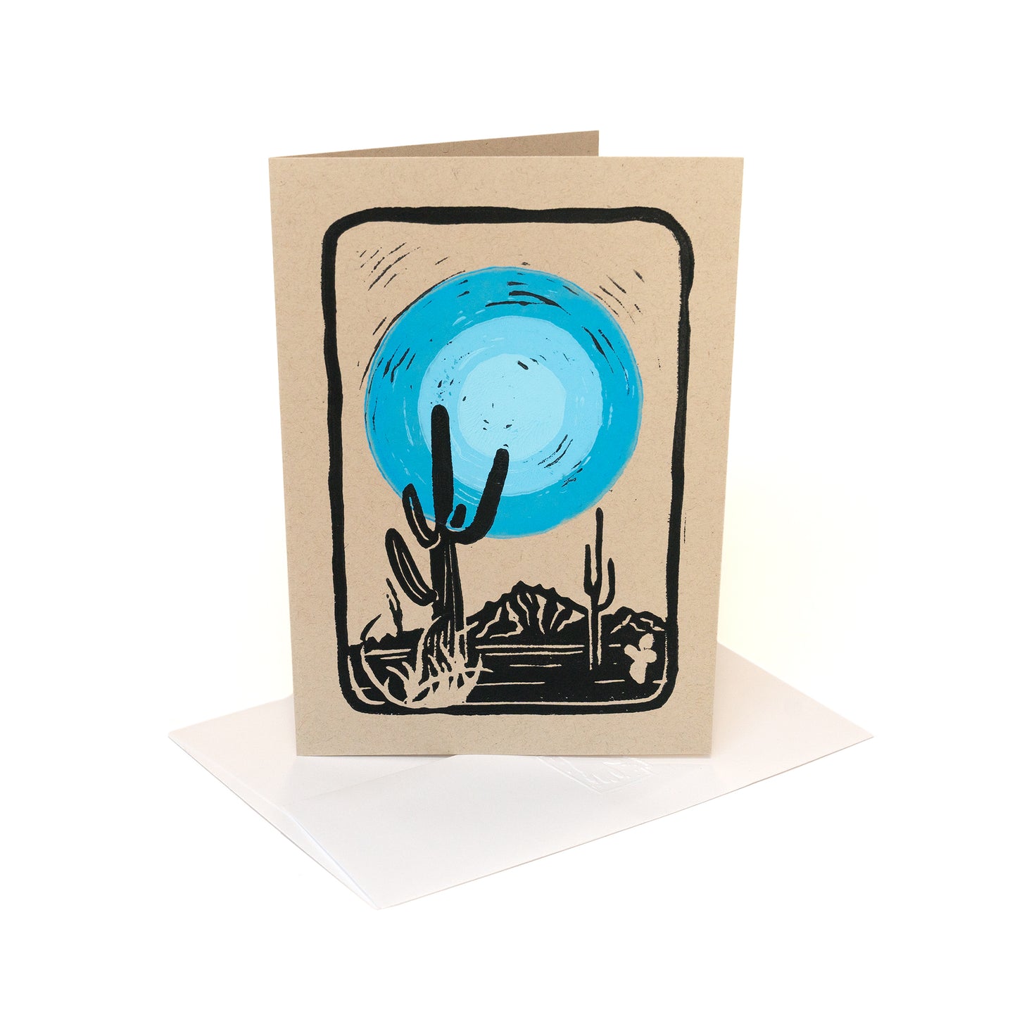 Black and White Desert Bright Sunset Hand-pulled Linoleum Print Card