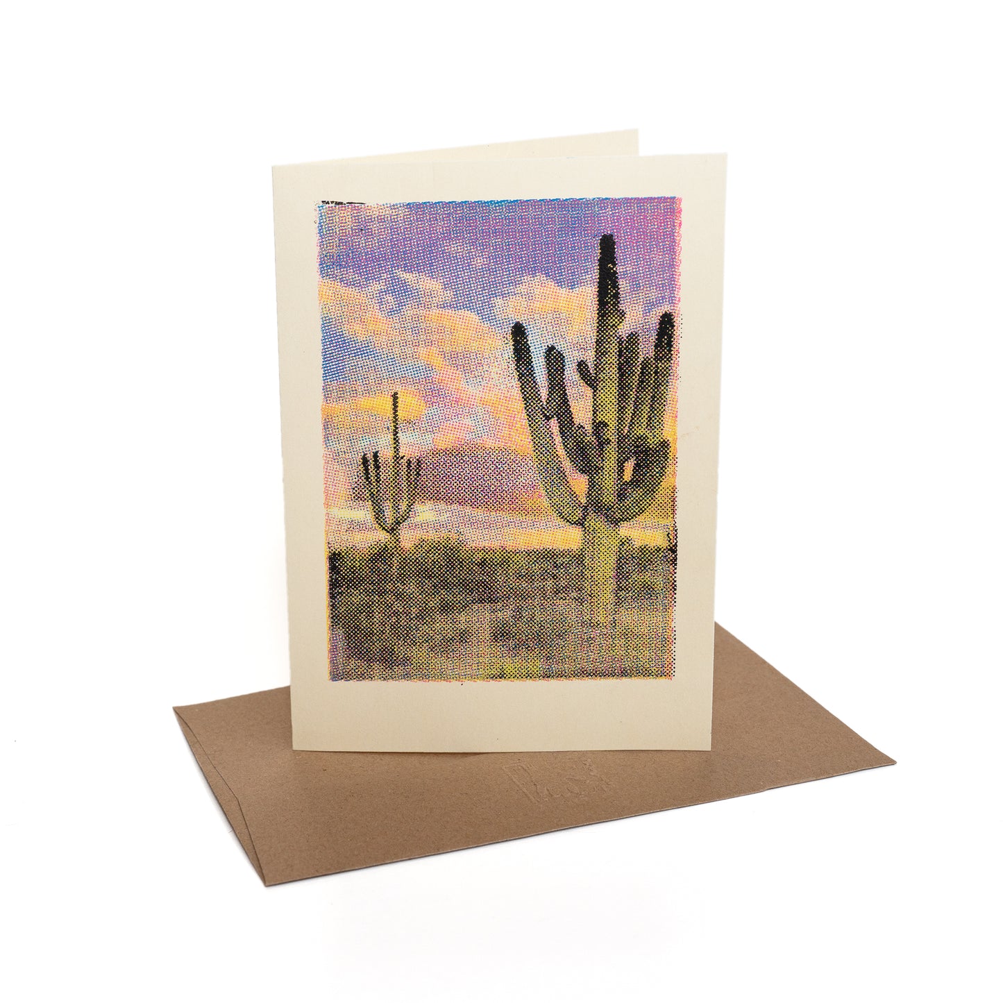 CMYK Hand-pulled linoleum cut saguaro on manila file card