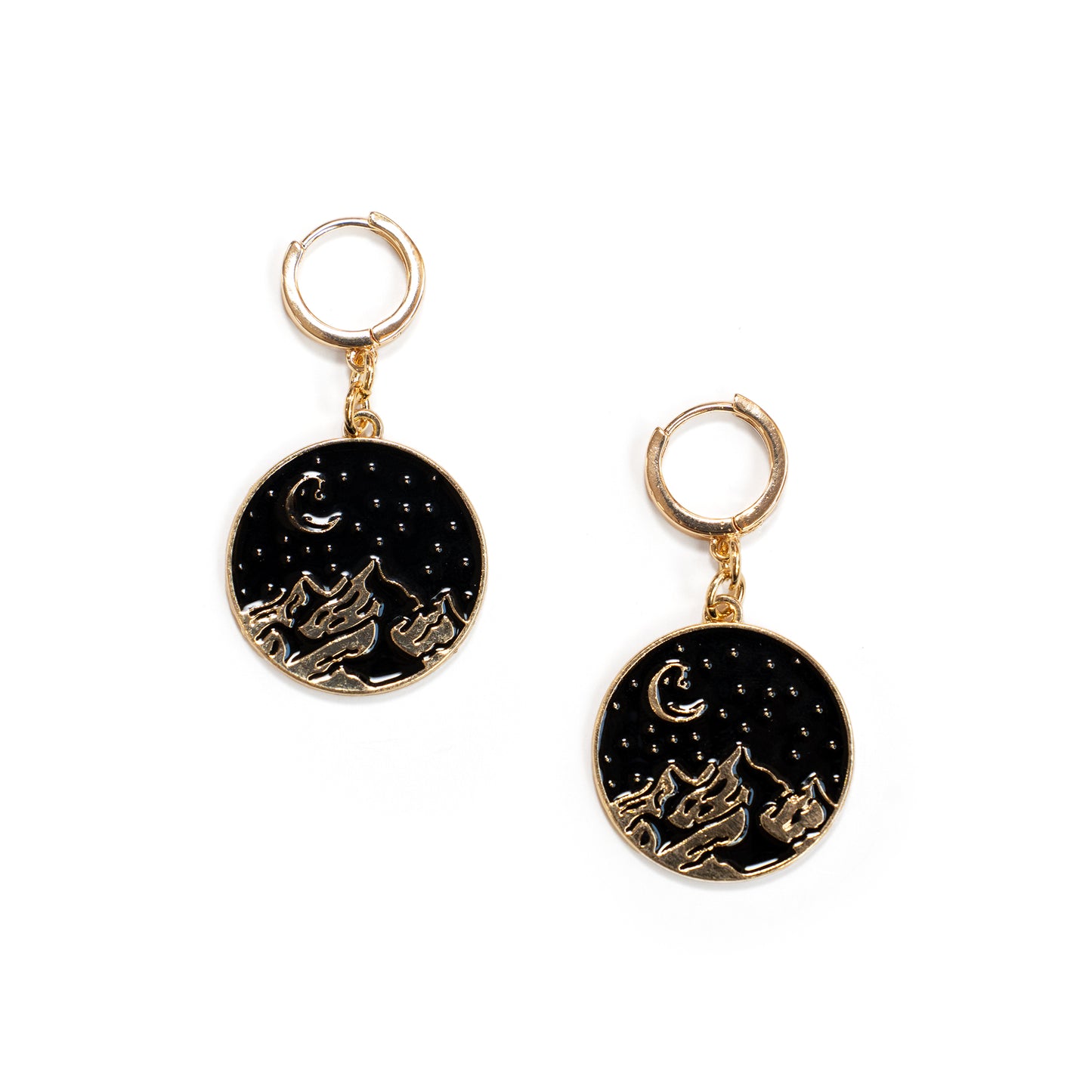 Gold Tone Enamel Mountain Medallion Huggie Hoop Earrings