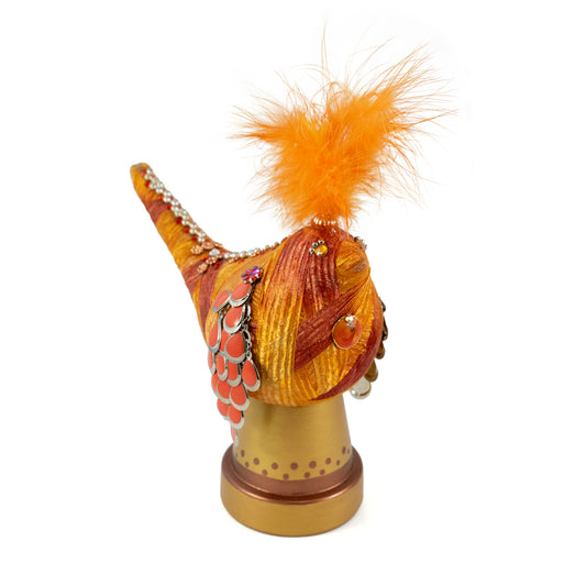 Orange and Gold Ribbon Yarn-wrapped Bird Sculpture with Gems