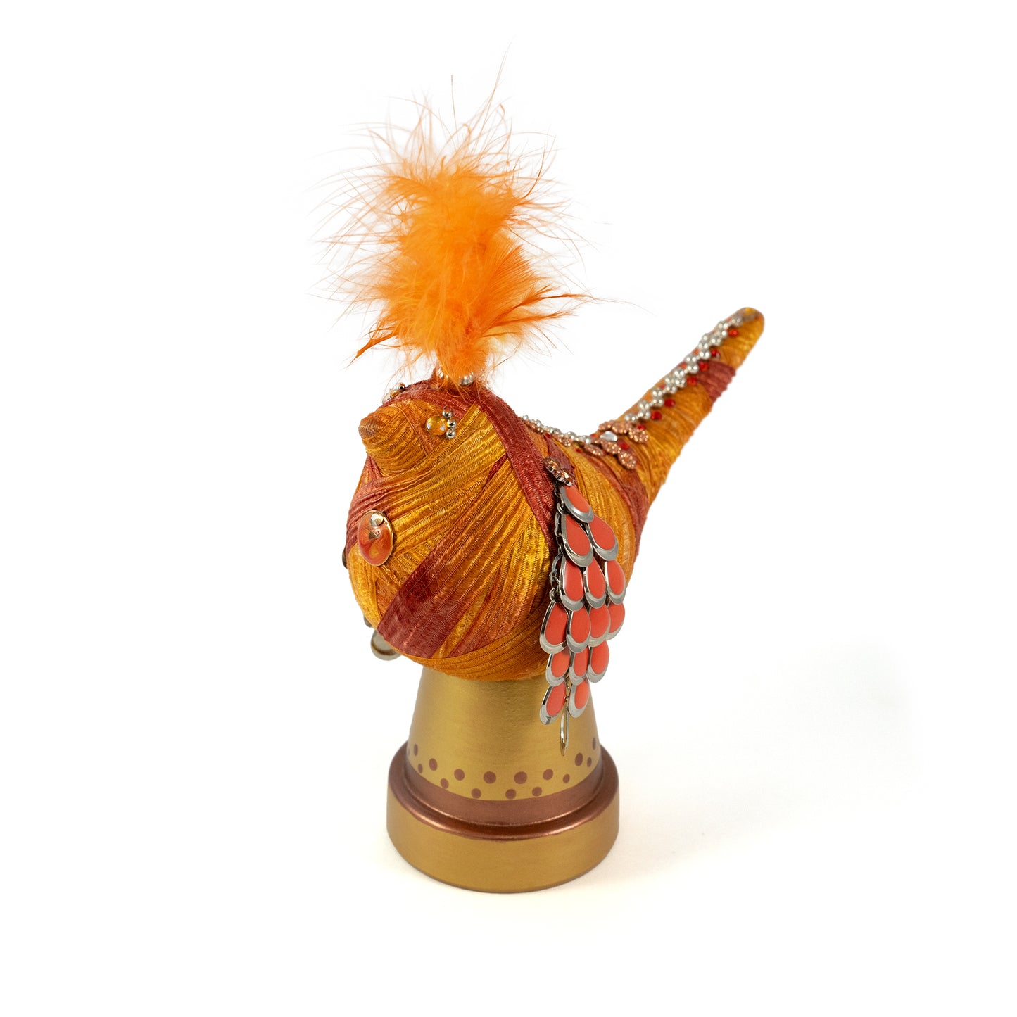 Orange and Gold Ribbon Yarn-wrapped Bird Sculpture with Gems