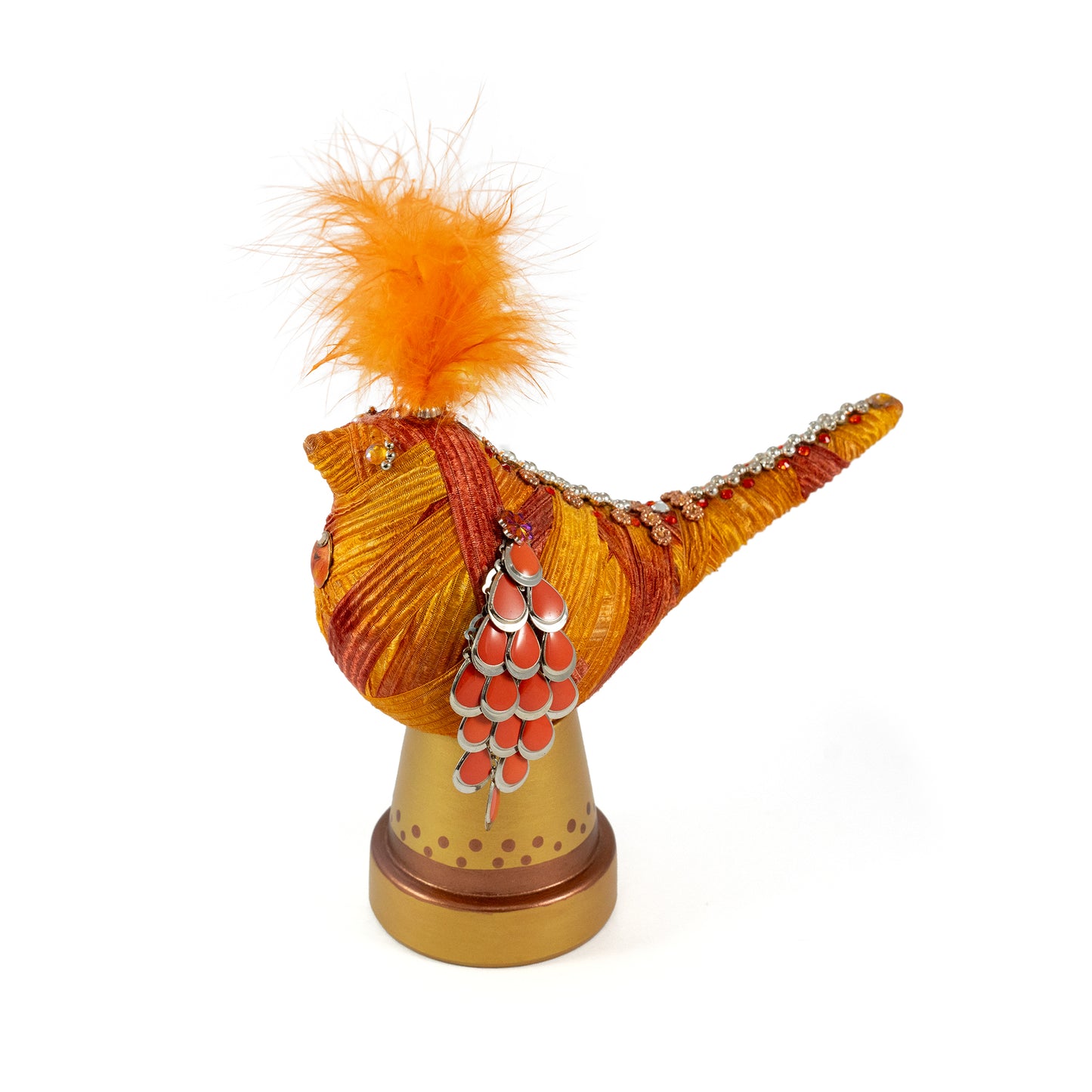 Orange and Gold Ribbon Yarn-wrapped Bird Sculpture with Gems