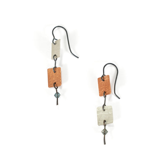 Oxidized Sterling Silver & Copper Textured Rectangle Earrings with Beads