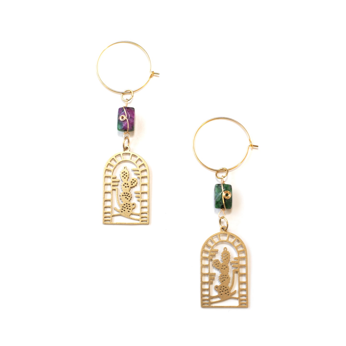 Prickly Pear & Gemstone Dangling Hoop Earrings