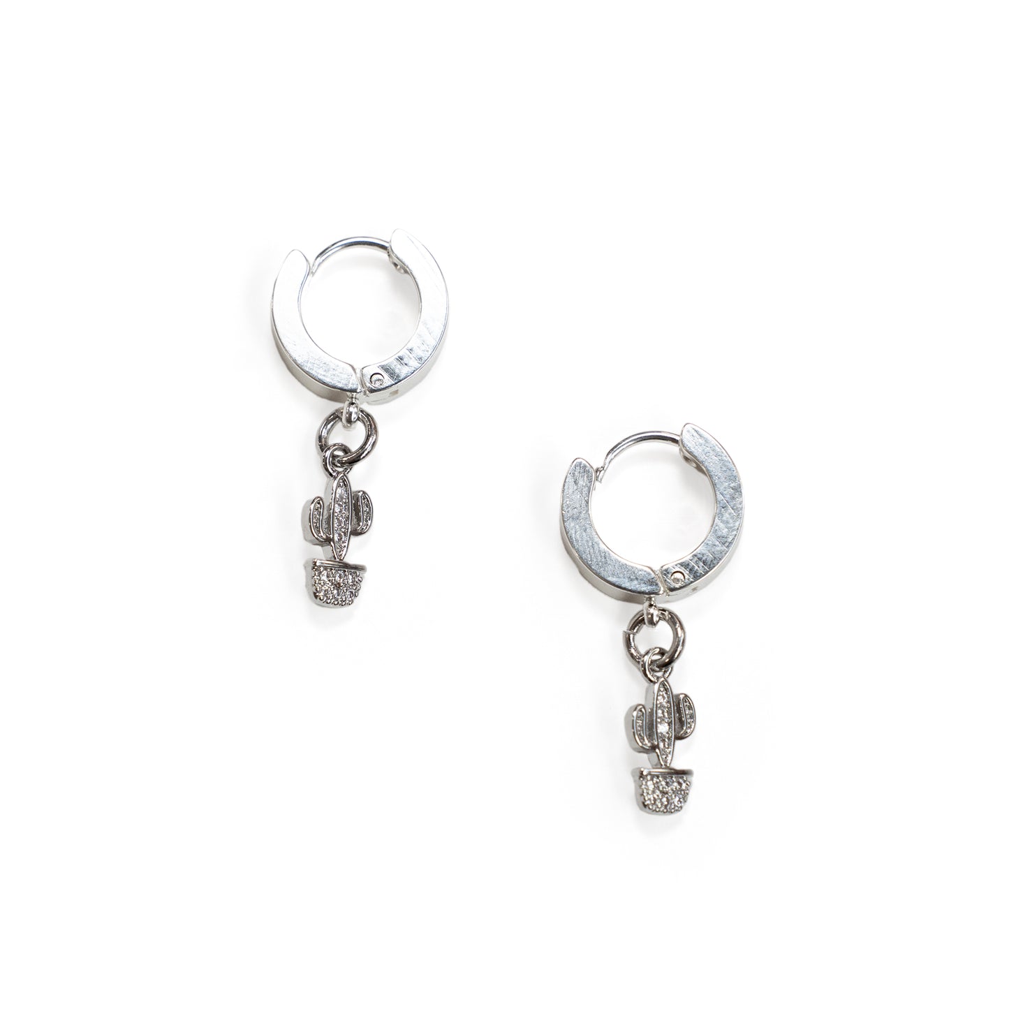 Rhinestone Potted Cactus Charm Silver Tone Huggie Hoop Earrings