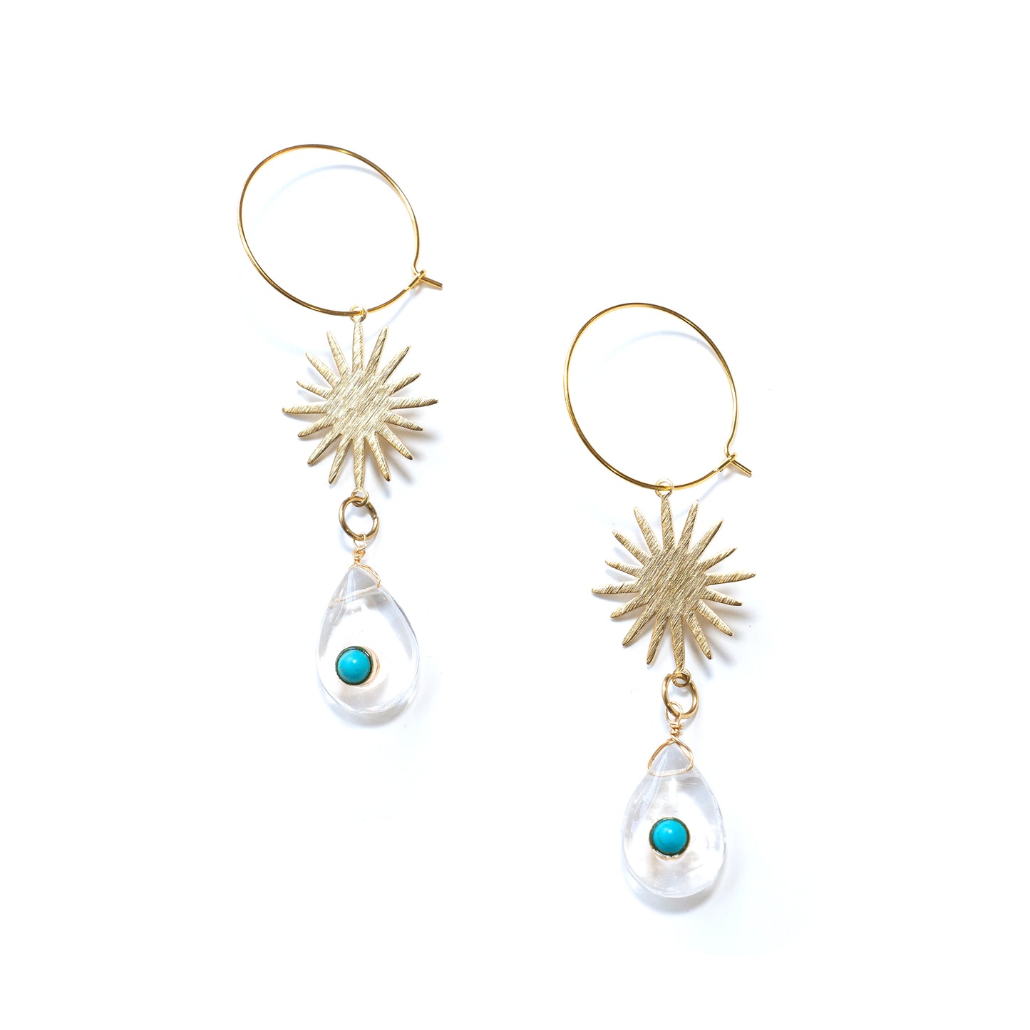 Sunburst & Gemstone Brass Hoops