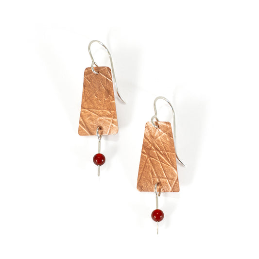 Textured Copper Trapezoid Dangle Earrings w/ Carnelian Beads