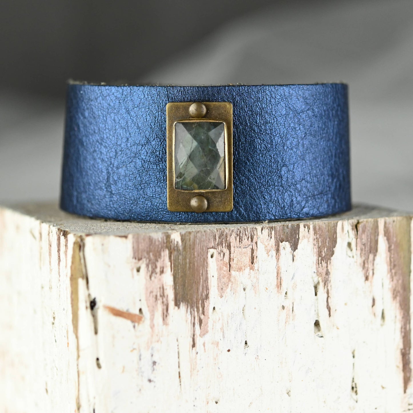 Midsize Cuff with Labradorite on Electric Blue Leather