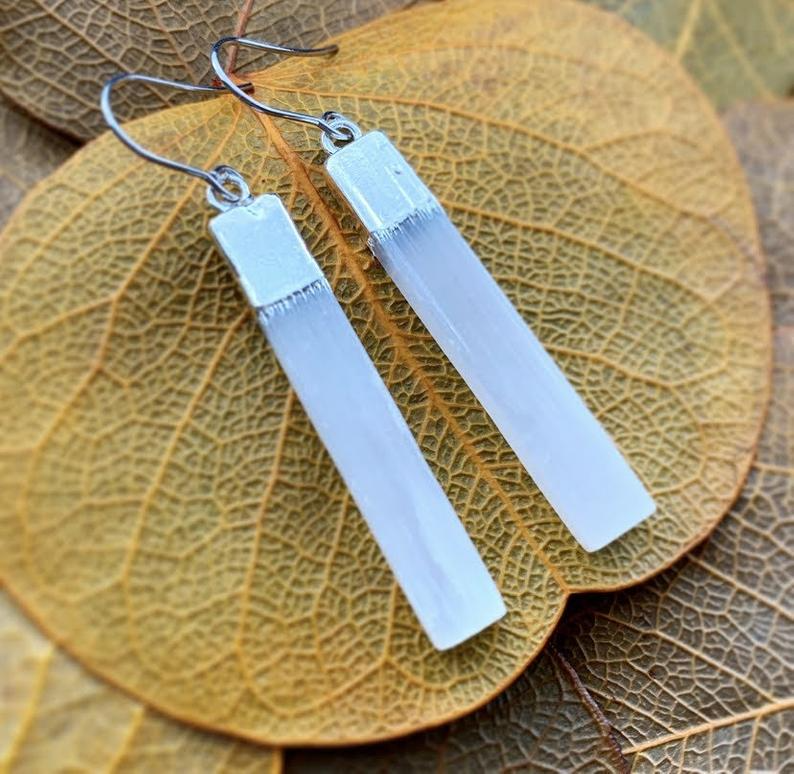 Selenite Silver Dipped Bar Earrings