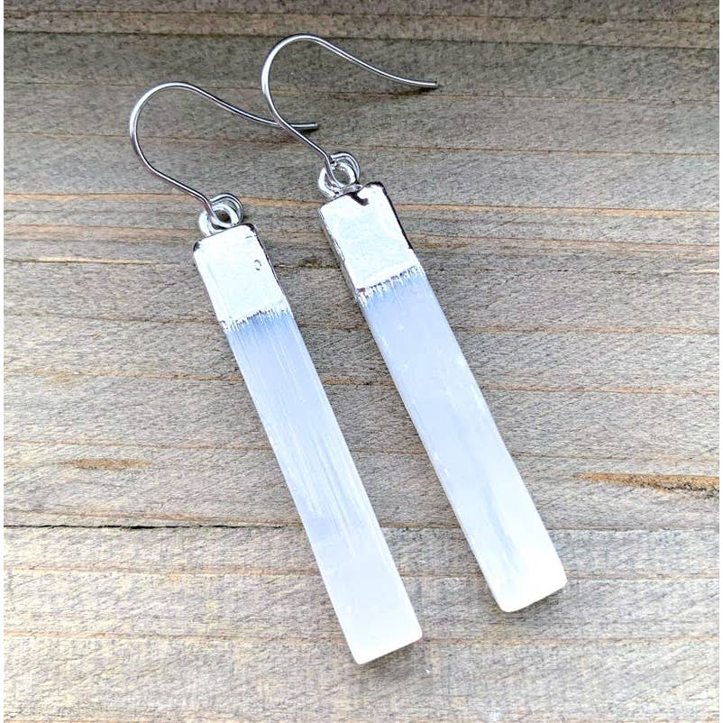 Selenite Silver Dipped Bar Earrings