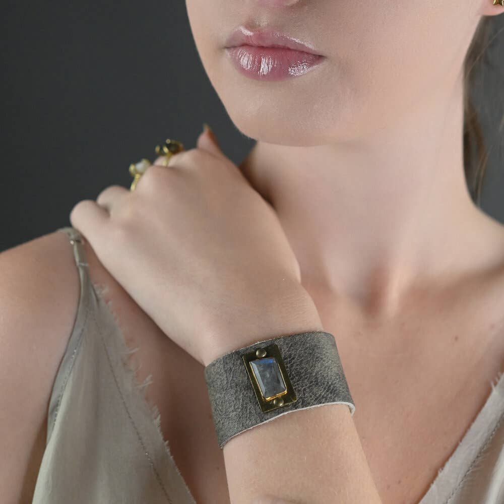 Midsize Cuff with Labradorite on Charcoal Distressed Leather