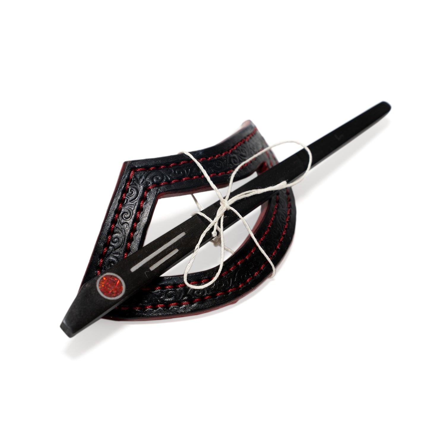 Black Bird Cage Leather Hair Barrette with Red Resin Inlay Stick