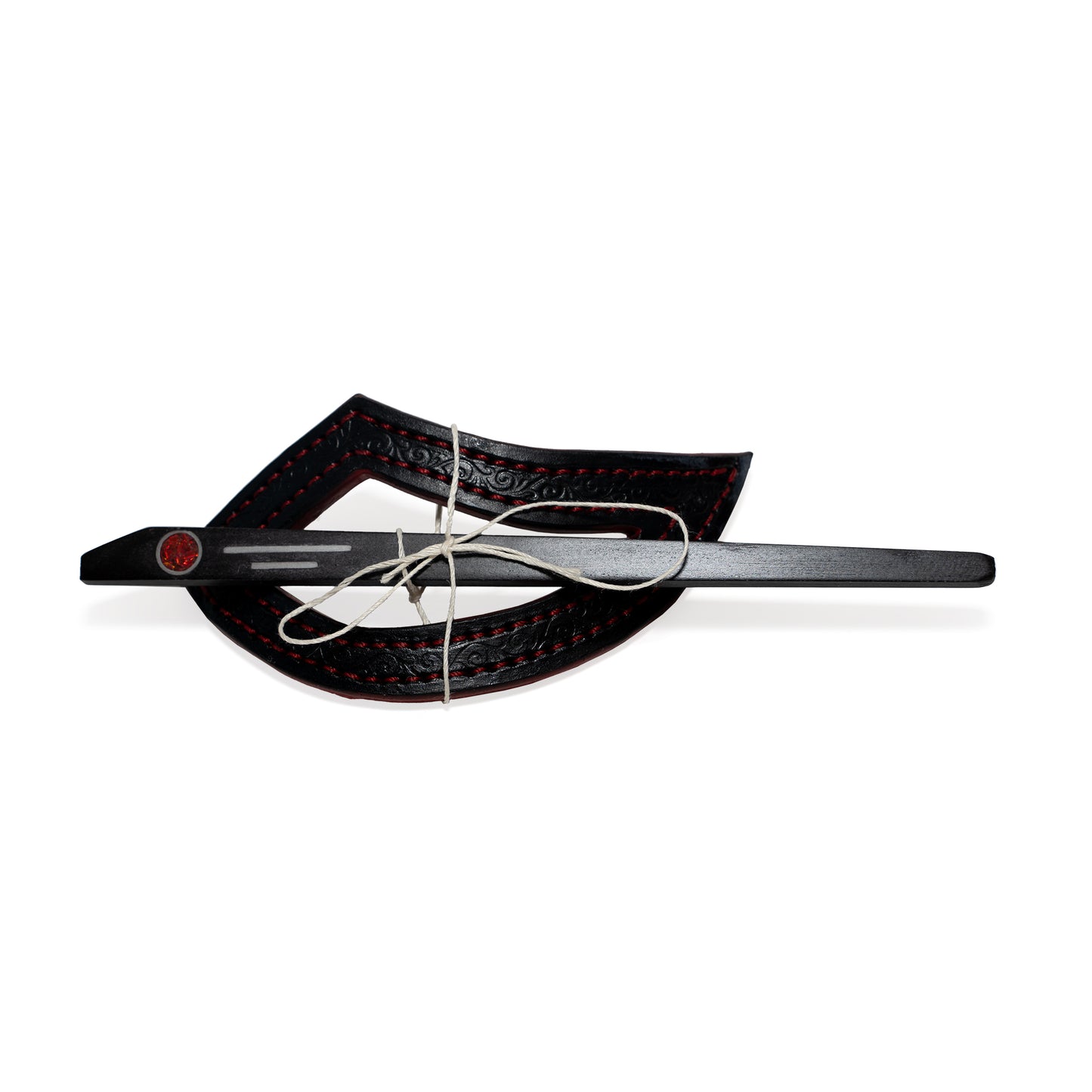 Black Bird Cage Leather Hair Barrette with Red Resin Inlay Stick