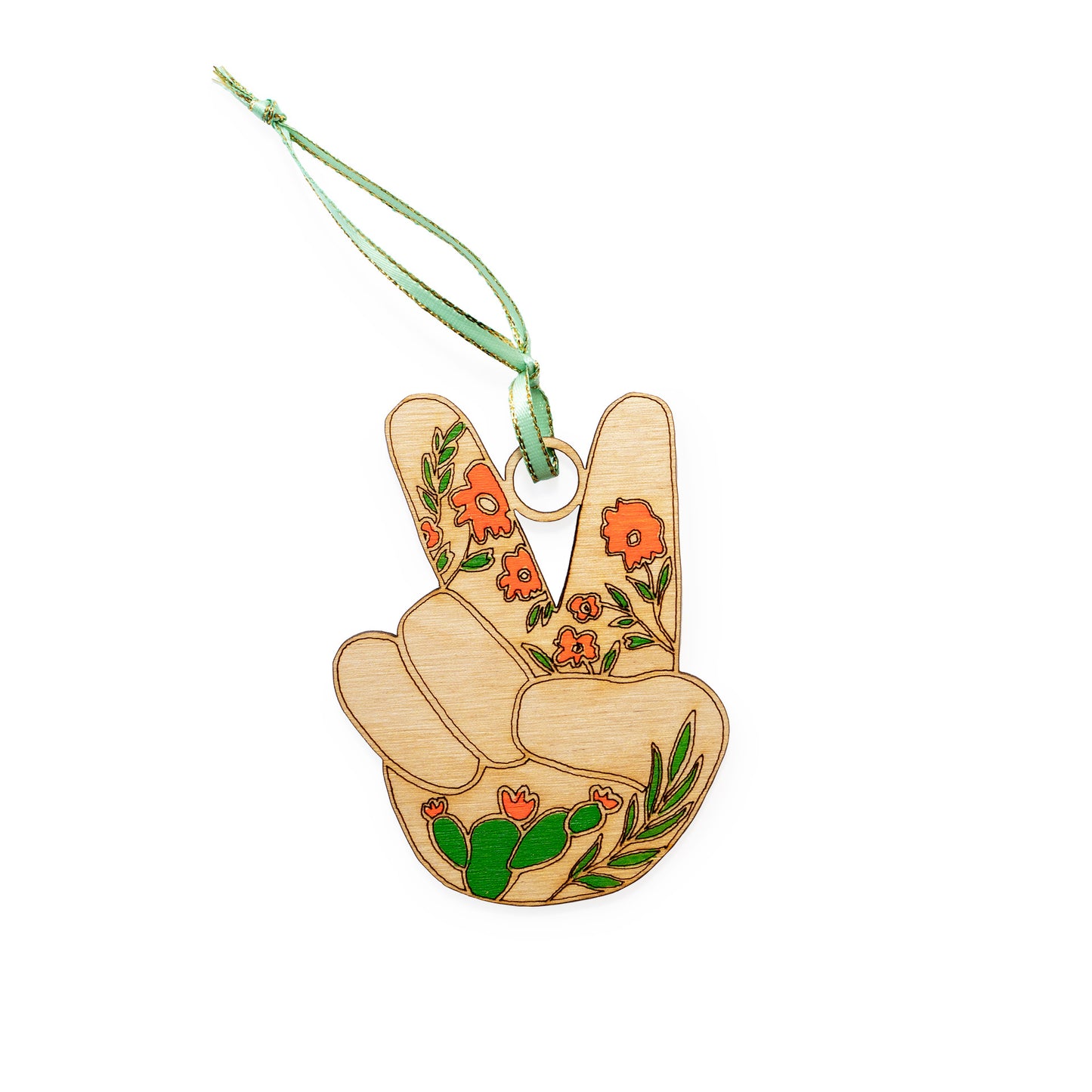 Peace Hand Flower Wood Ornament