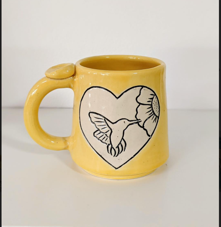 Humming Bird Heart Hand Carved Ceramic Mug