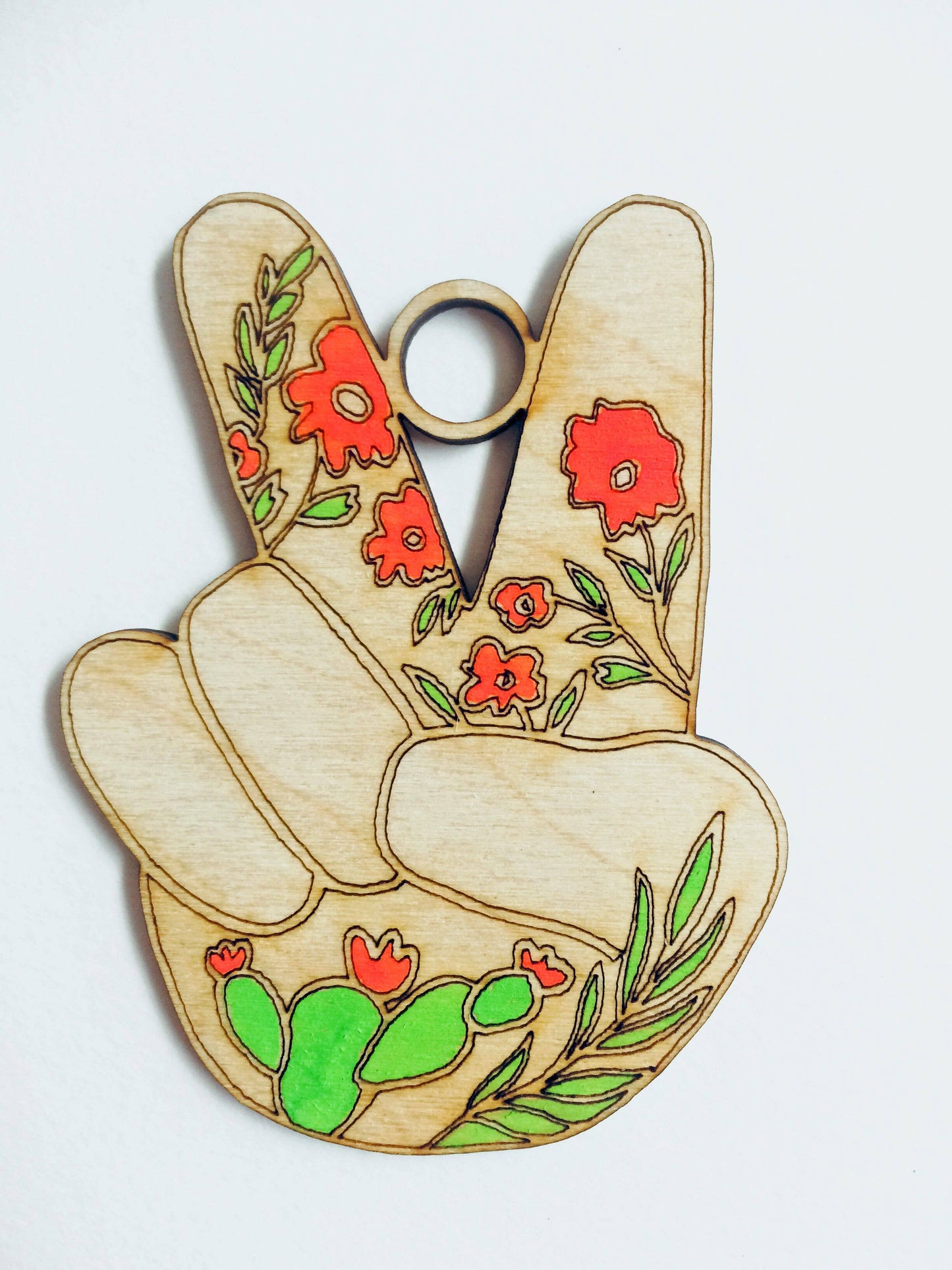 Peace Hand Flower Wood Ornament