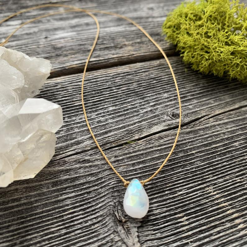 Rainbow Moonstone Faceted Teardrop Necklace