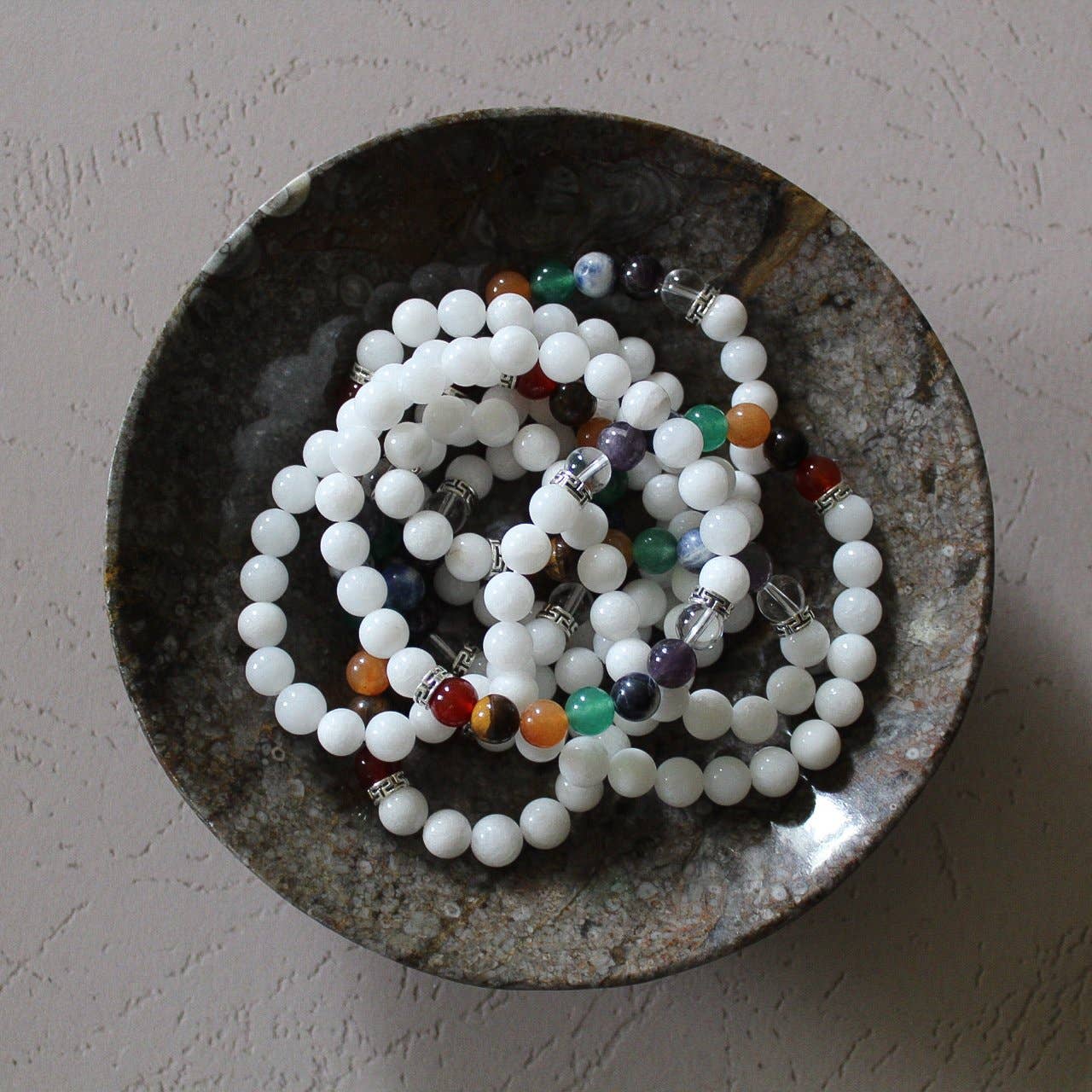 Seven Chakra Bracelet with White Agate Beads