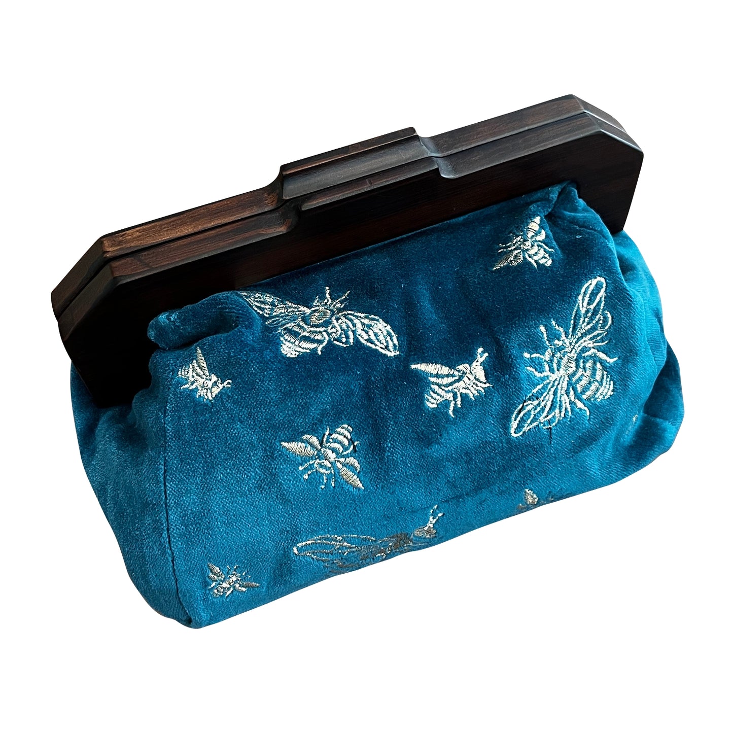 Bees on Royal Blue Velvet Clutch with Wooden Handle