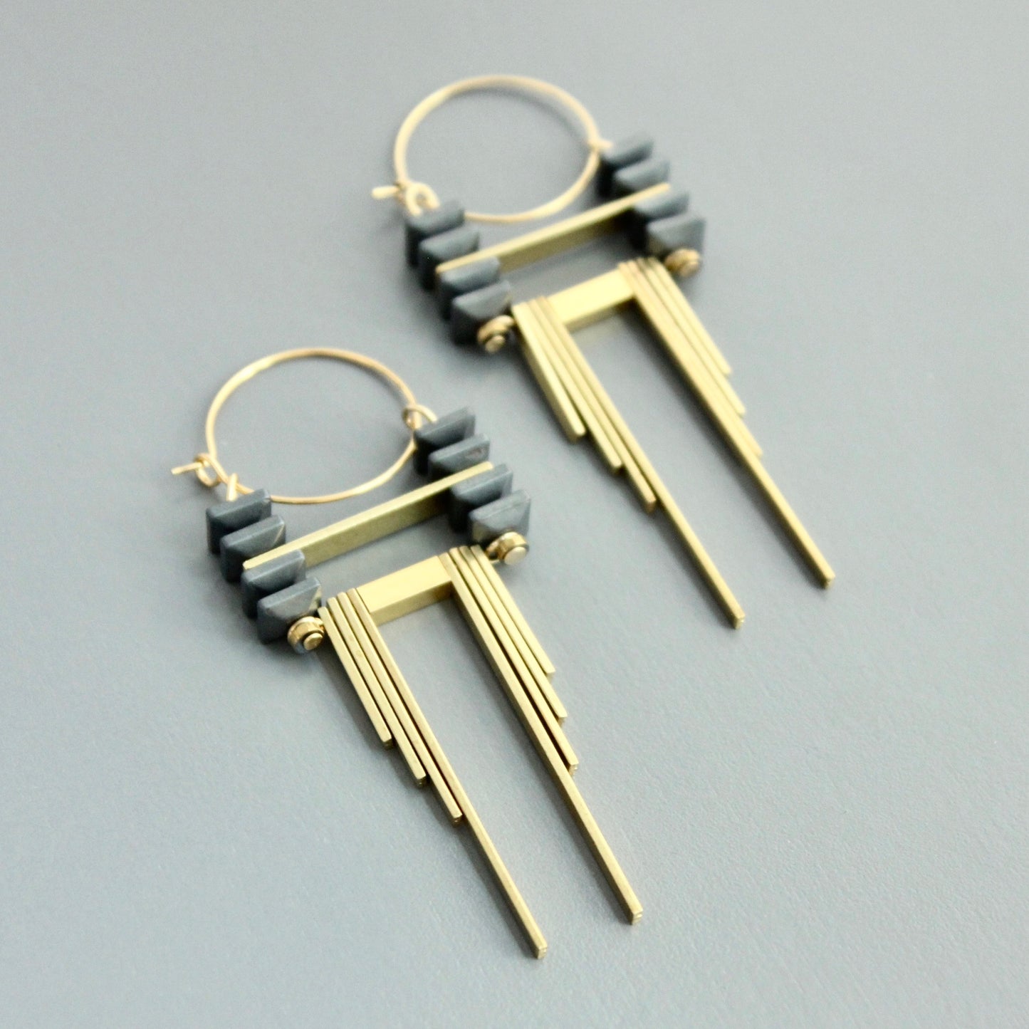 Artdeco Hematite and Brass Hoop Earrings