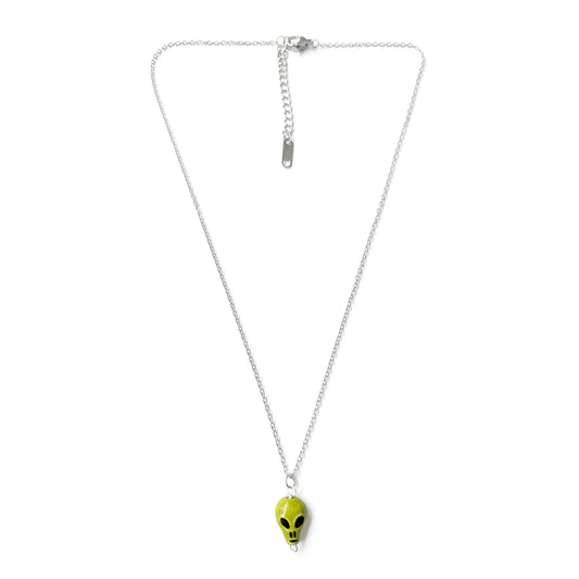 Green Alien Handmade Ceramic Charm Necklace