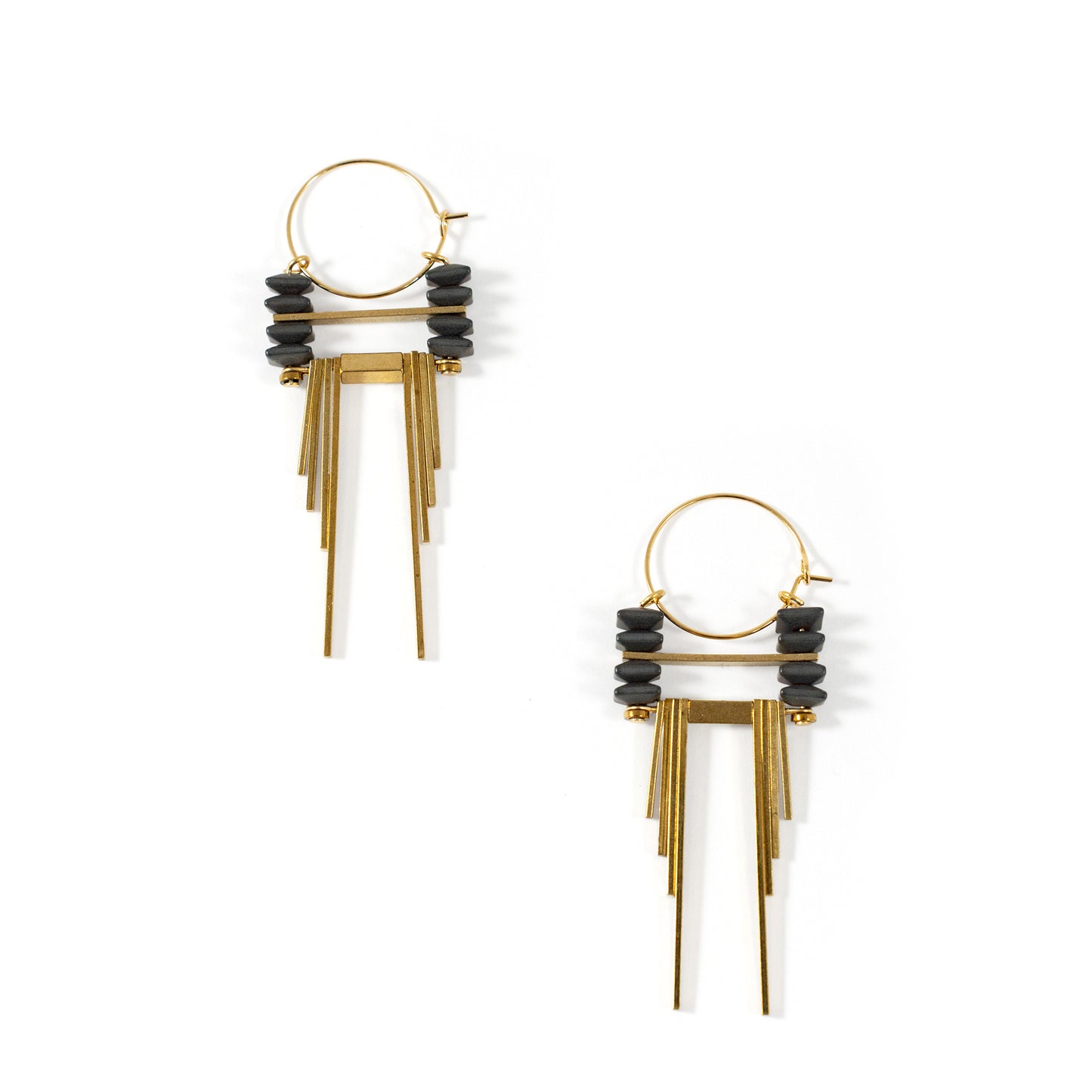 Artdeco Hematite and Brass Hoop Earrings