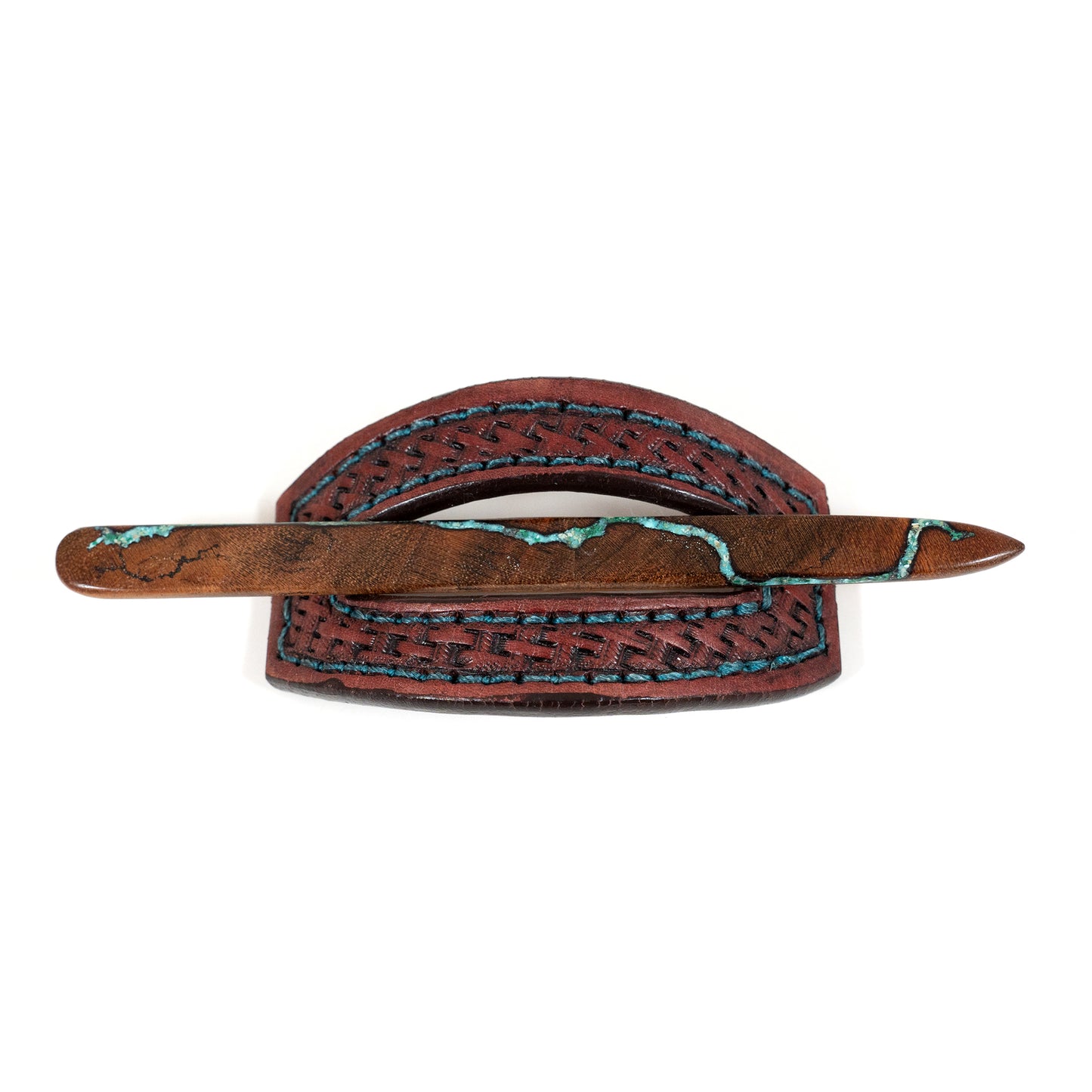 Barn Dance Basket Weave Leather Hair Barrette with Turquoise Vein Inlay Natural Wood Stick