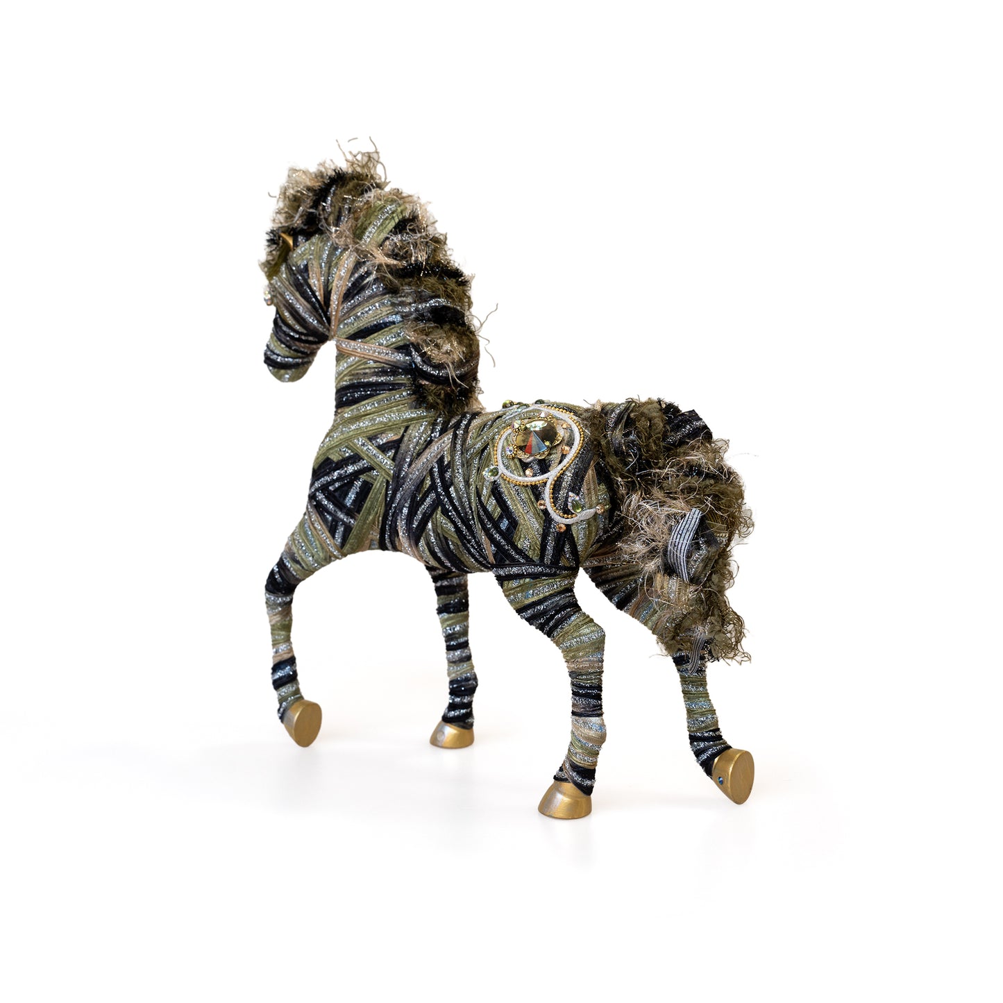 Black and Green Ribbon Yarn-wrapped Horse Sculpture (Large)