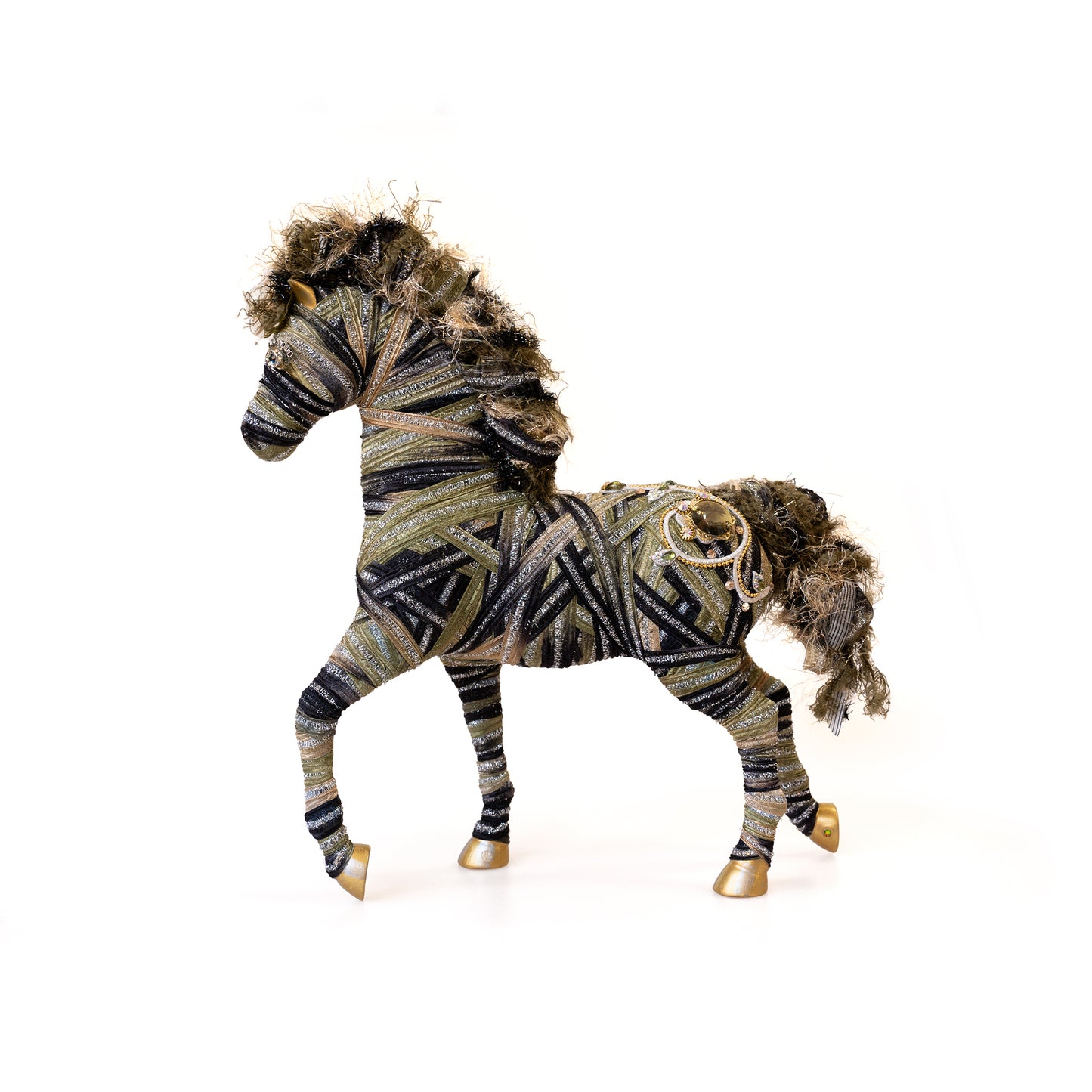 Black and Green Ribbon Yarn-wrapped Horse Sculpture (Large)