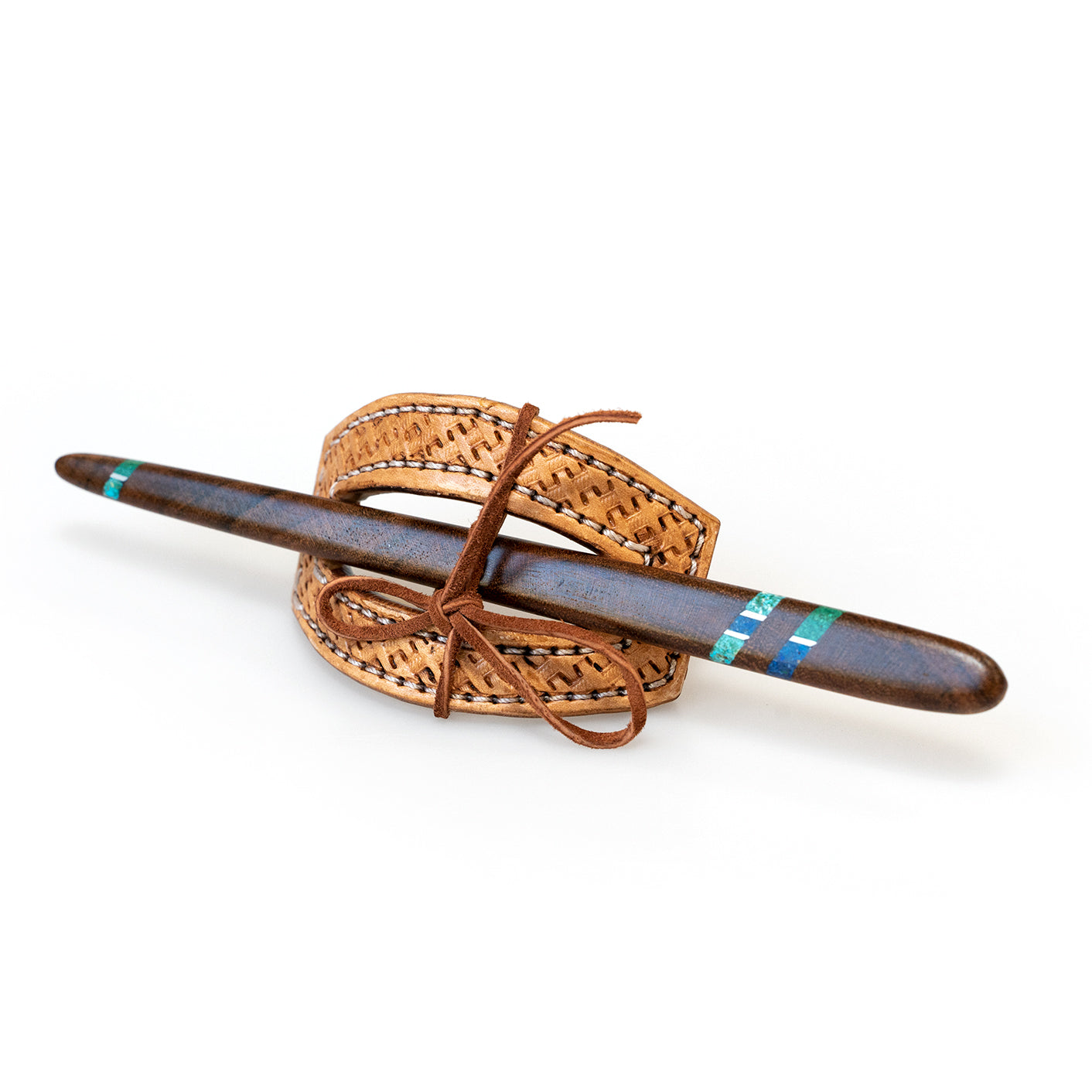 Barn Dance Basket Weave Leather Hair Barrette with Turquoise Inlay Natural Wood Stick