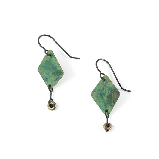 Copper Diamond Shaped Earrings with Patina and Drop