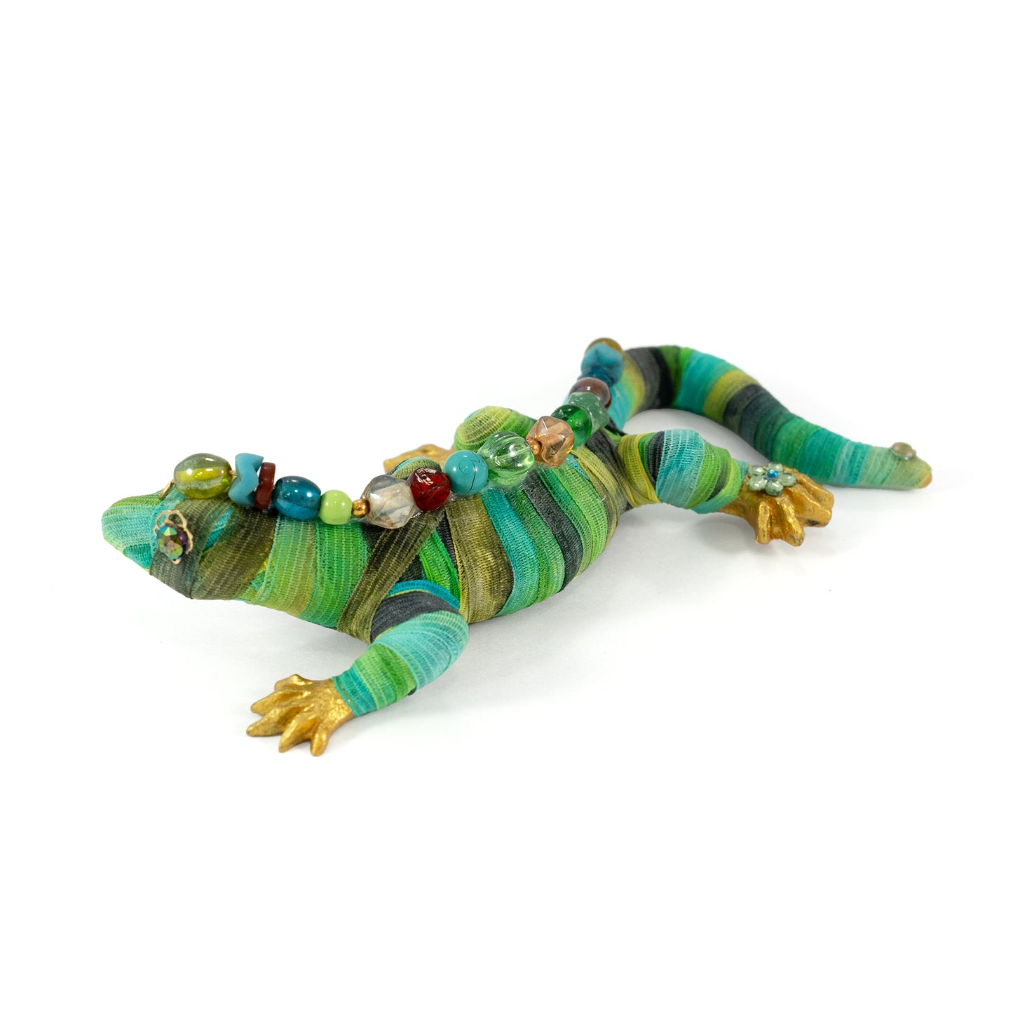 Green and Gold Ribbon Yarn-wrapped Lizard Sculpture with Gems