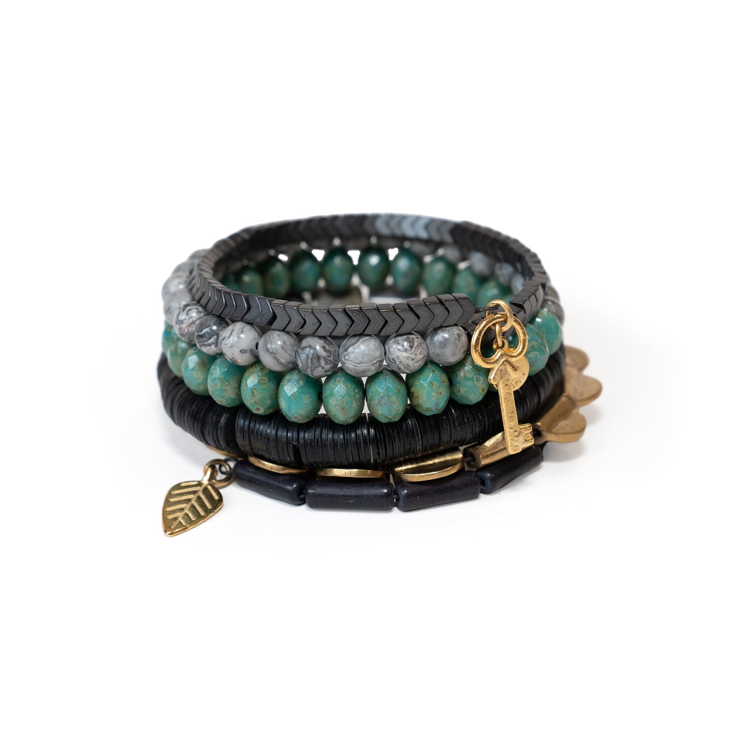 Green and Grey Stone, Brass and Hematite Wrap Bracelet