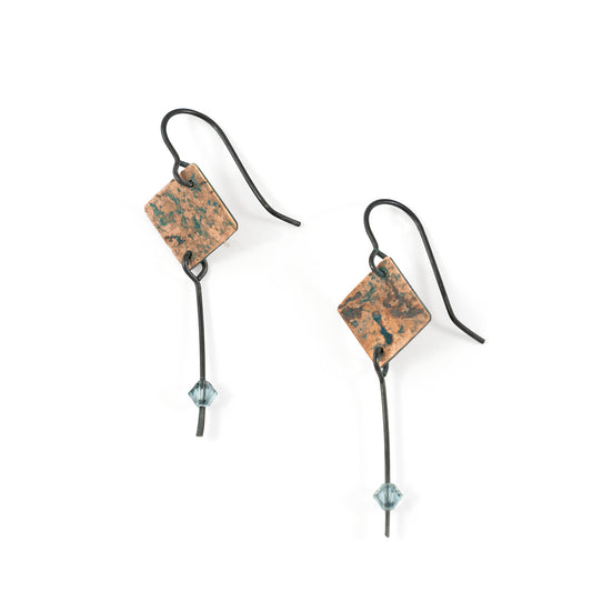 Hammered Copper Diamond Shaped Earrings with Long Wire Dangle