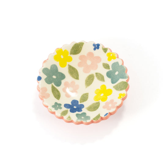 Mod Floral Flower Pink and Blue Scalloped Round Ring Dish