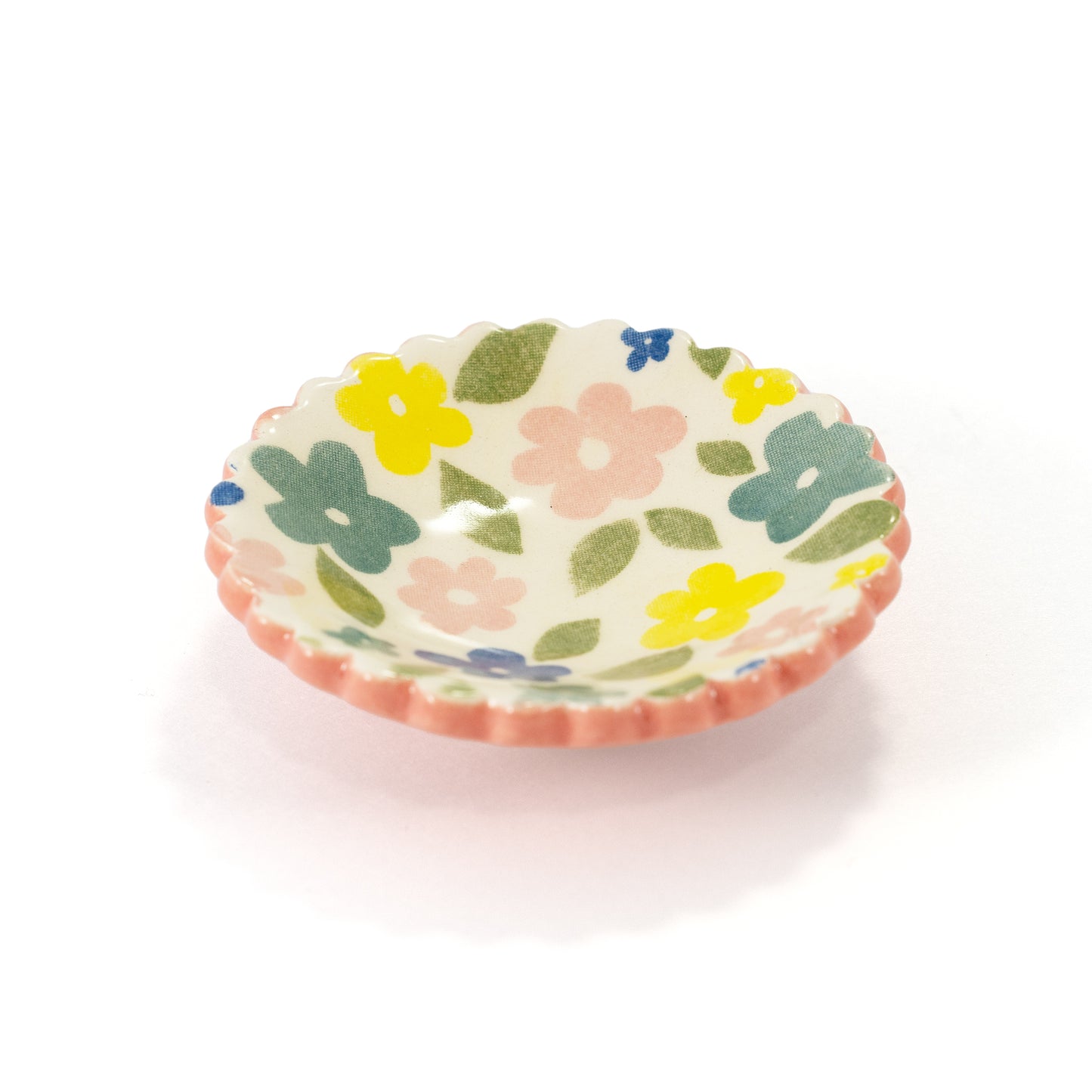 Mod Floral Flower Pink and Blue Scalloped Round Ring Dish