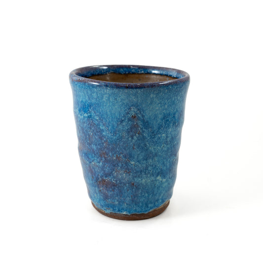 Mottled Blue Speckled Ribbed Glazed Ceramic Cup