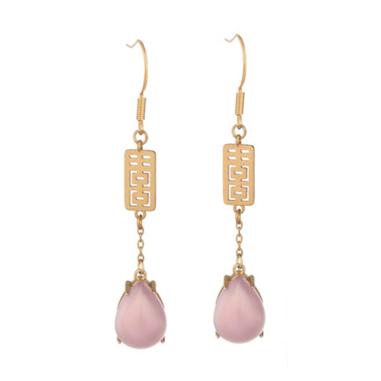 Pink Jade with Golden Happiness Earrings