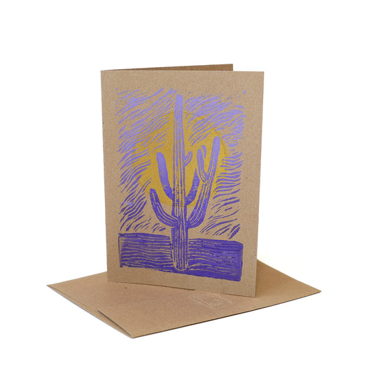 Saguaro Sunset linoleum hand-pulled card