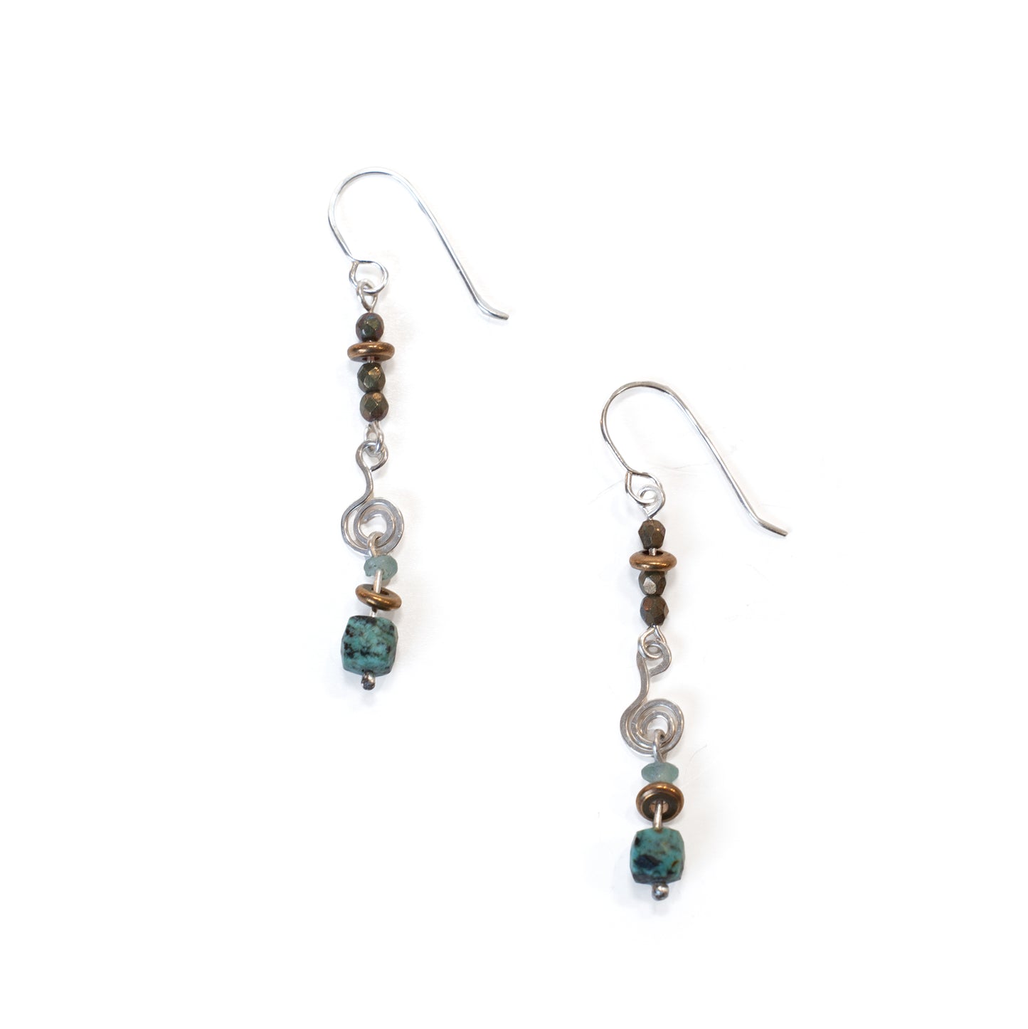 Sterling Silver Dangle Earrings with Metallic Beads and Green Stone Bead Detail
