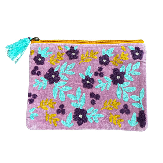 Floral Embroidery On Lavender Pouch