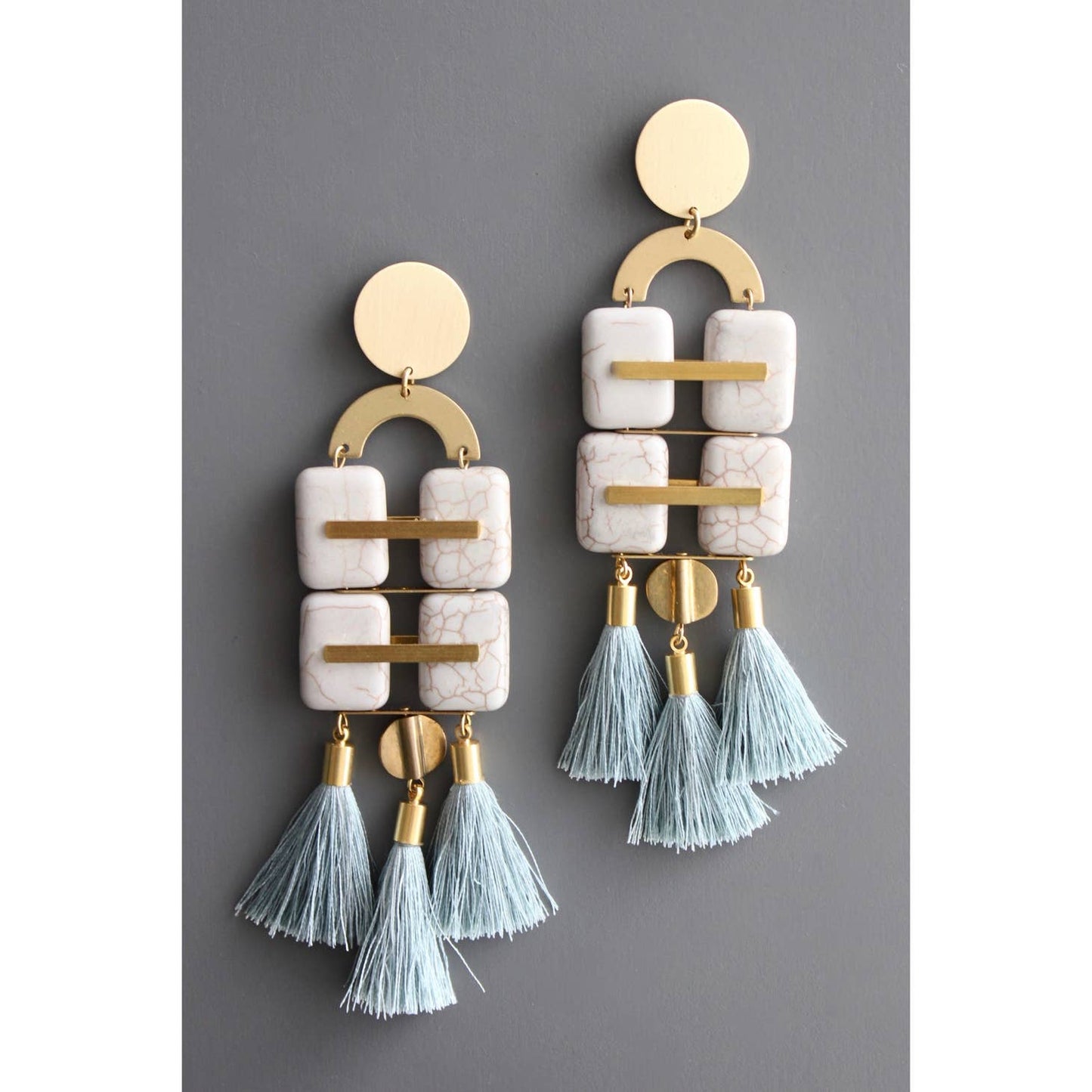 Geometric Gray Stone & Tassel Long Statement Earrings